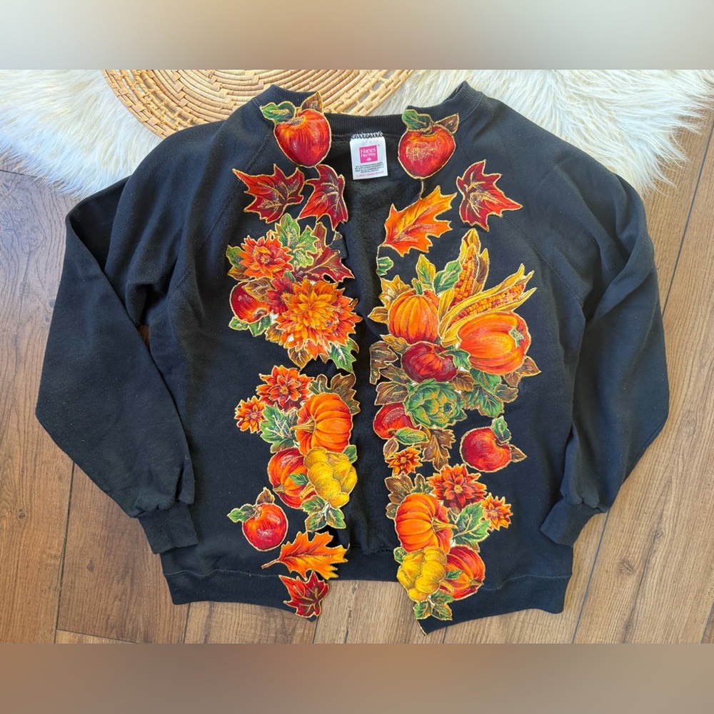 Hanes Black Autumn Fall Leaves Pumpkin Cardigan Sweatshirt Size XL Vintage